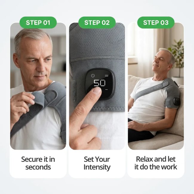 Three steps showing a man strapping on the Vital Shoulder Massager, setting it, and relaxing